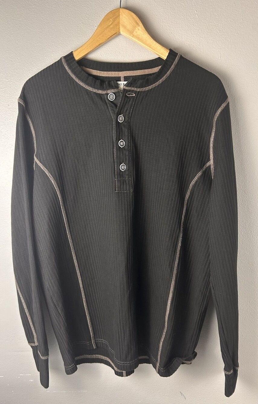 32 Bar Blues Henley Shirt Men L Black Ribbed Contrast Stitch Slub Rugged Cotton
